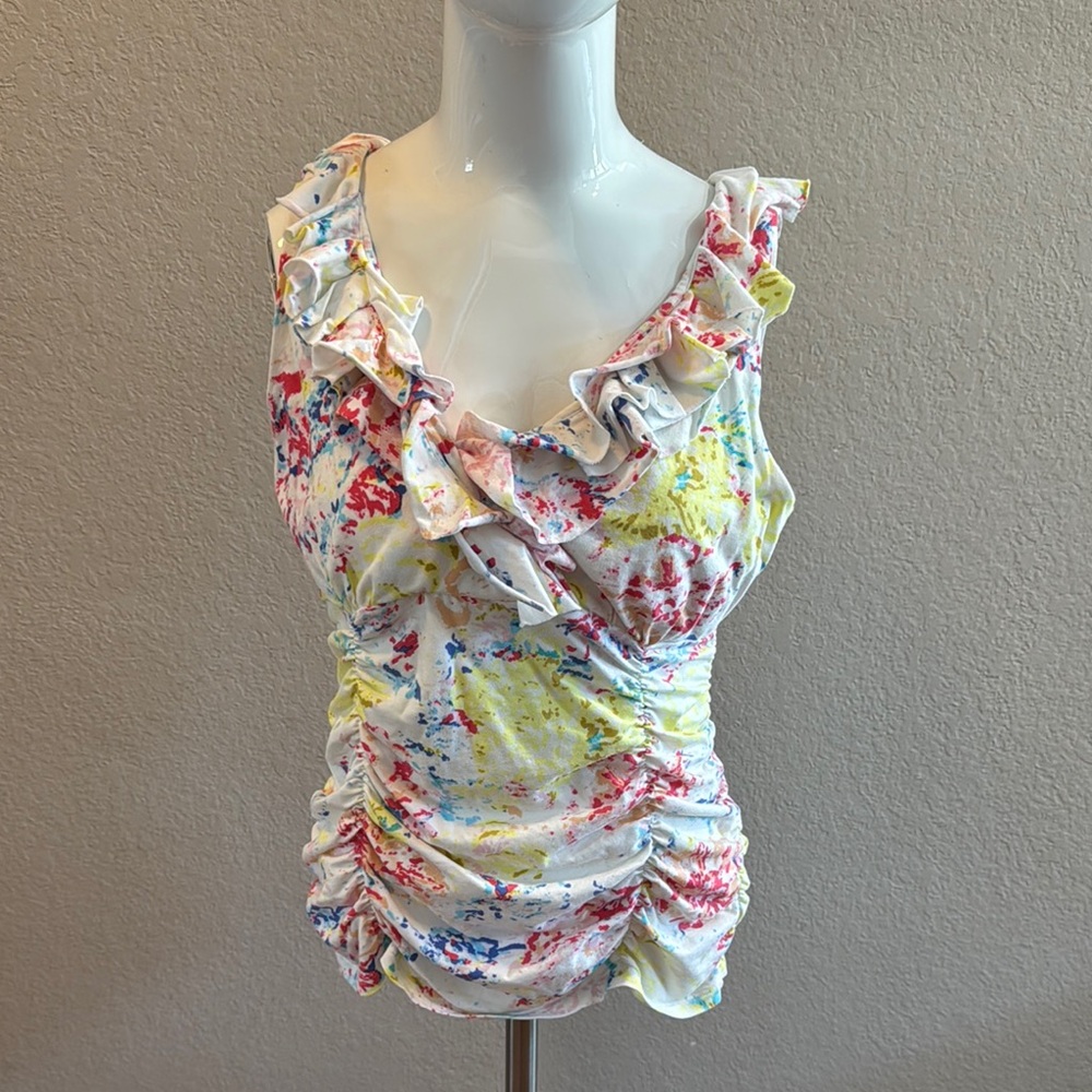CAbi Red and‎ Green Ruched Sleeveless Blouse size medium